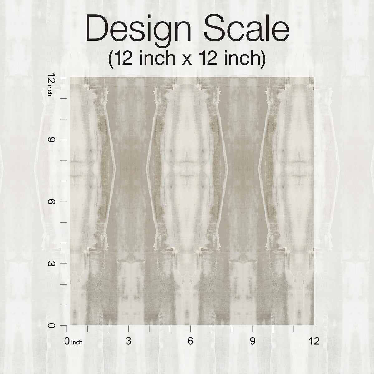 A square 12x12 inch fabric swatch of York Wallcoverings’ Escalante Wallpaper, featuring a muted, abstract beige and gray pattern, is displayed on a grid with inch measurements along the top and left edges. Text above reads Design Scale (12 inch x 12 inch).