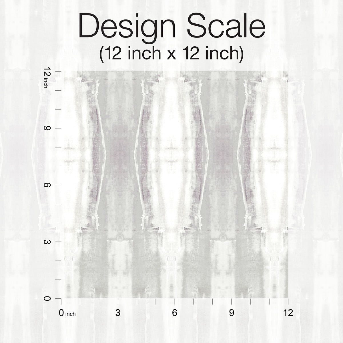 Escalante Wallpaper sample featuring a vertical, abstract white and grey ombre pattern with a 12-inch by 12-inch scale reference grid.