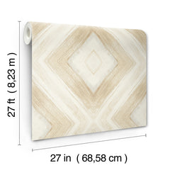 A roll of Ballad Wallpaper by York Wallcoverings featuring a beige and white diamond pattern with brushstroke textures, measuring 27 inches by 27 feet.