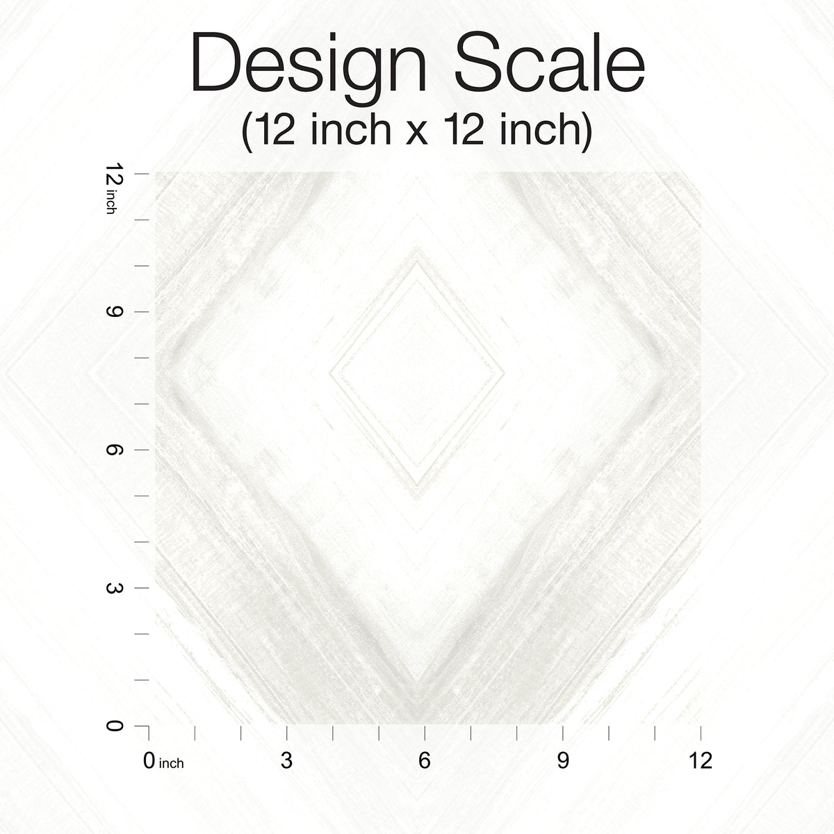 Ballad Wallpaper swatch with a light grey diamond pattern shown against a 12-inch by 12-inch scale grid.