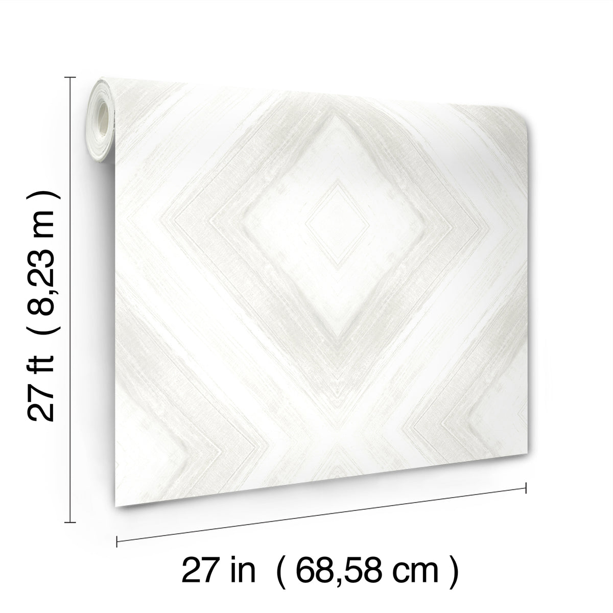 A roll of Ballad Wallpaper by York Wallcoverings featuring a white and gray diamond pattern, measuring 27 feet by 27 inches.