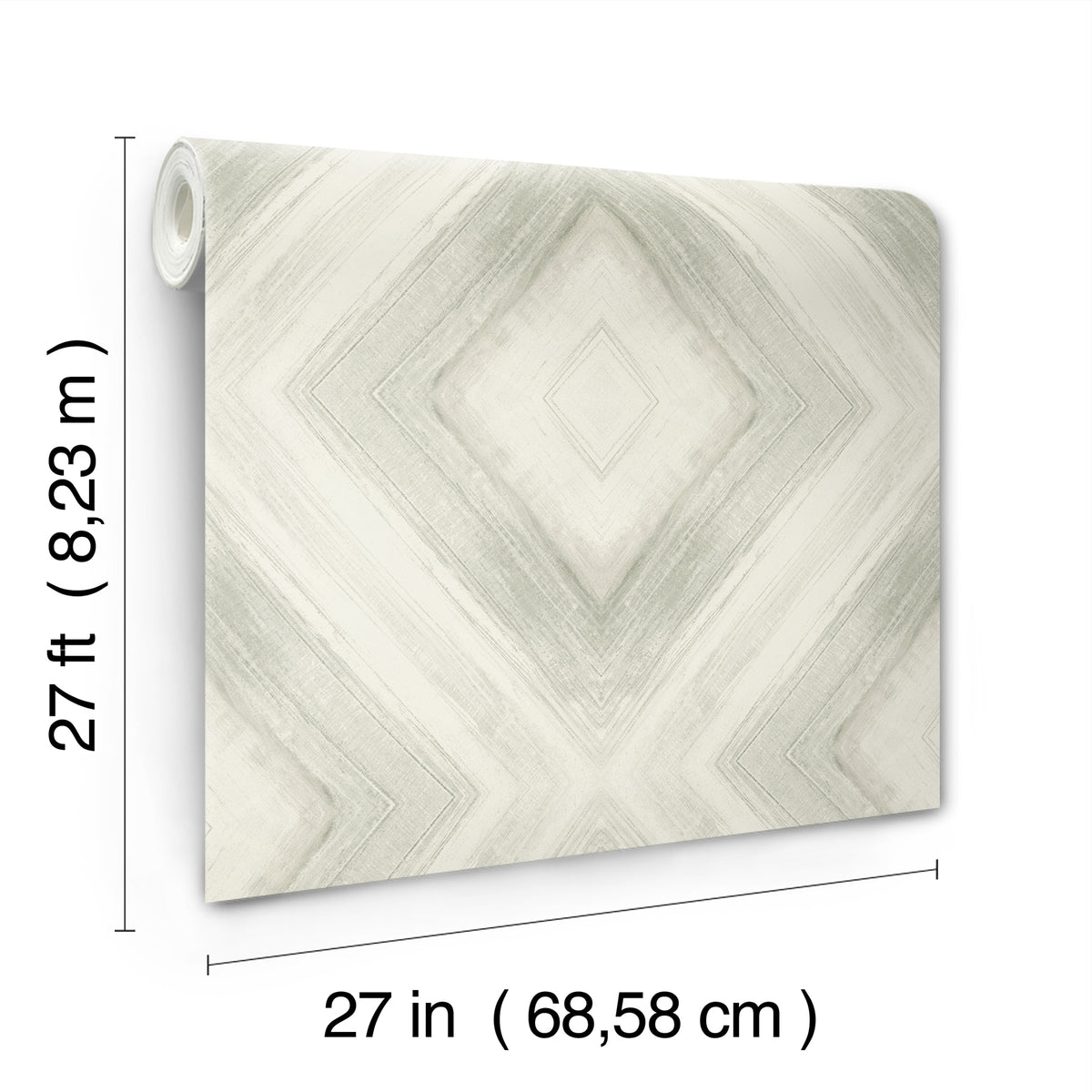 A roll of Ballad Wallpaper by York Wallcoverings featuring a light green and white diamond pattern, measuring 27 inches by 27 feet.