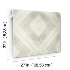 A roll of Ballad Wallpaper by York Wallcoverings featuring a light green and white diamond pattern, measuring 27 inches by 27 feet.