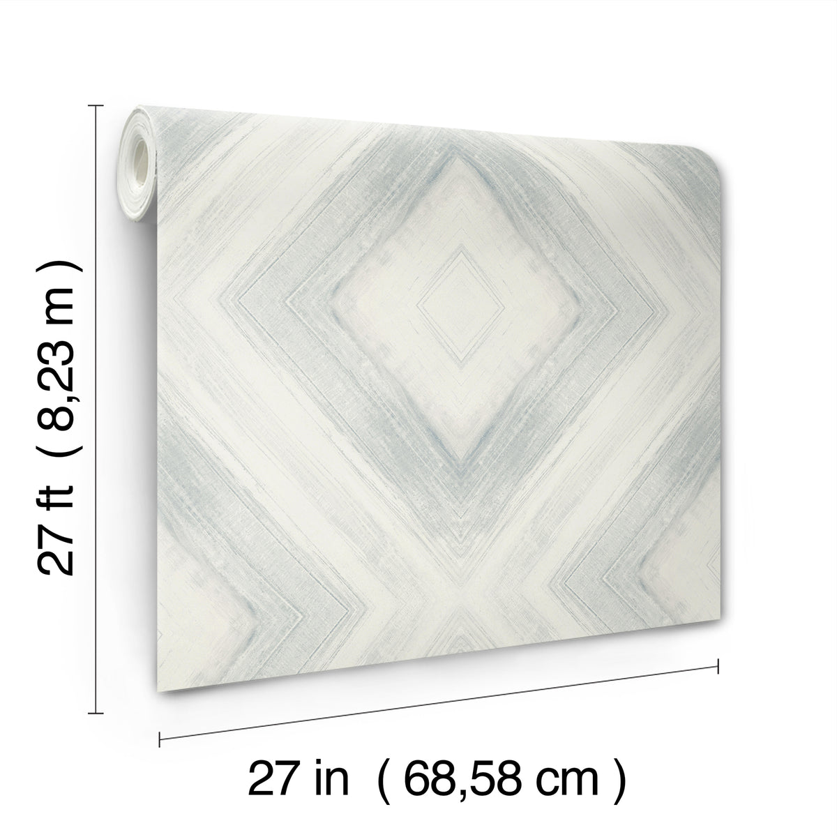 A roll of Ballad Wallpaper by York Wallcoverings featuring a gray and white diamond pattern, with dimensions labeled 27 feet by 27 inches.