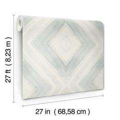A roll of Ballad Wallpaper by York Wallcoverings featuring a gray and white diamond pattern, with dimensions labeled 27 feet by 27 inches.