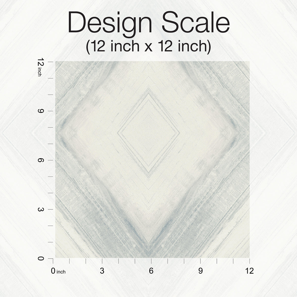 A square sample of Ballad Wallpaper with a white and gray diamond-shaped pattern, shown on a 12-inch by 12-inch scale grid.