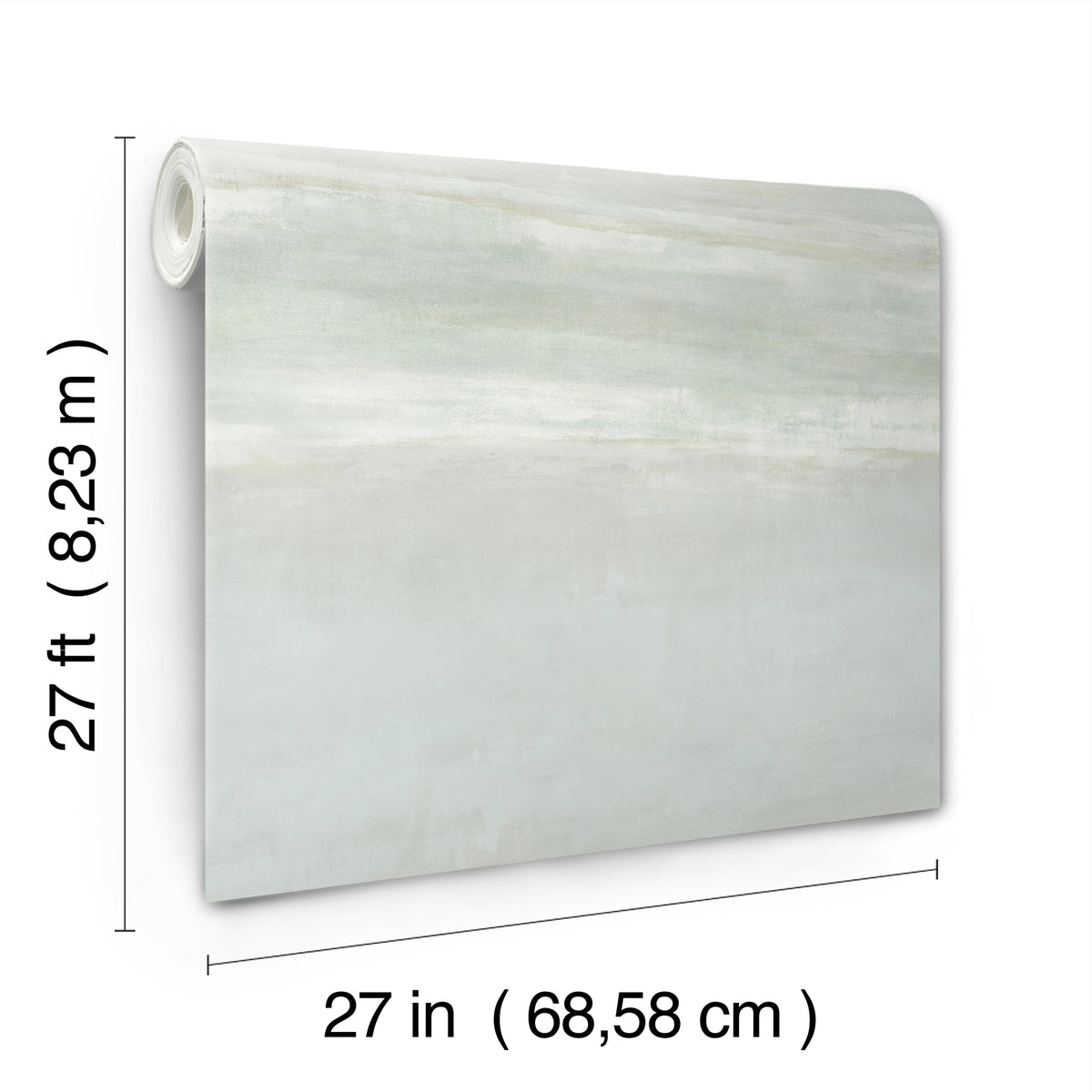 A roll of Serene Reflection Wallpaper in a pale green and white ombre design, measuring 27 feet long and 27 inches wide.