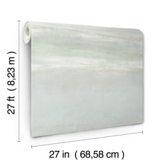 A roll of Serene Reflection Wallpaper in a pale green and white ombre design, measuring 27 feet long and 27 inches wide.