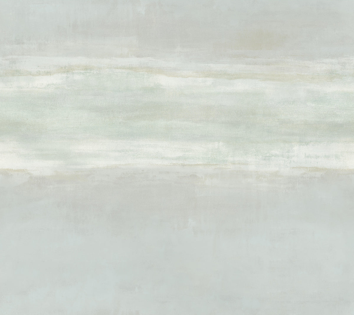 Serene Reflection Wallpaper featuring a soft, abstract horizontal wash of muted grey, white, and pale sage tones.