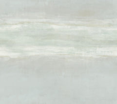 Serene Reflection Wallpaper featuring a soft, abstract horizontal wash of muted grey, white, and pale sage tones.