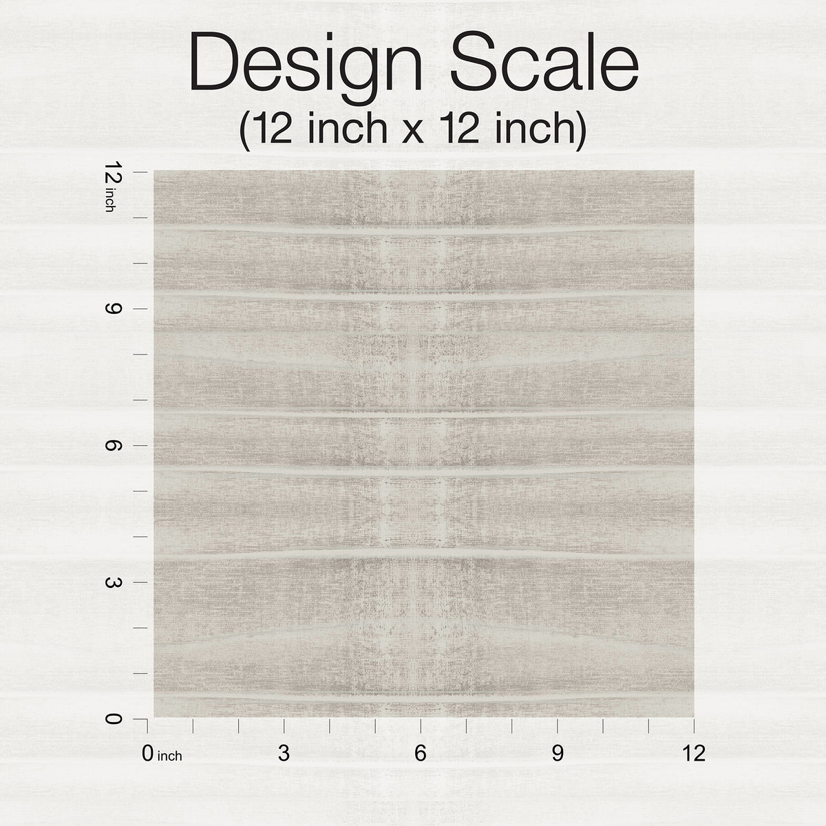 Grey Stone Wallpaper sample featuring a horizontal light grey wood grain pattern, shown against a 12-inch by 12-inch measurement scale.