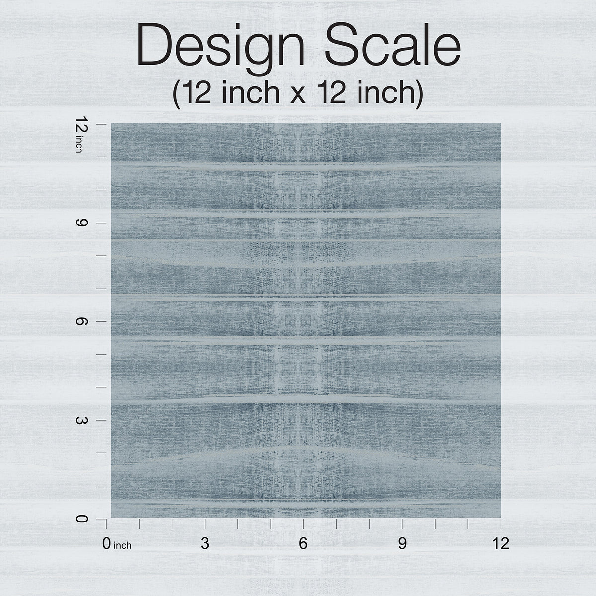 A square sample of Grey Stone Wallpaper in blue-grey with a horizontal wood grain pattern, shown against a 12-inch by 12-inch scale ruler.
