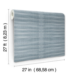A roll of Grey Stone Wallpaper featuring a blue-grey wood grain pattern, measuring 27 feet by 27 inches.