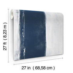 Ink Wash Wallpaper featuring an abstract design with a wide, dark blue vertical stripe against a textured light gray background, measuring 27 feet by 27 inches.