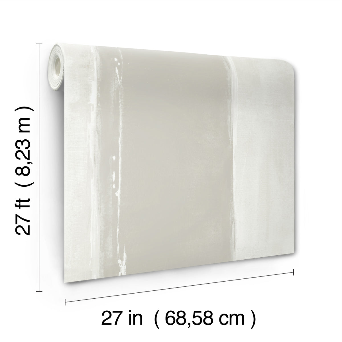 A roll of Ink Wash Wallpaper with a neutral abstract pattern, shown with height and width measurement annotations.
