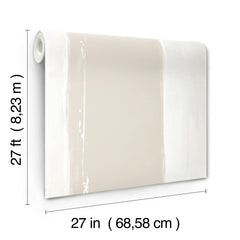 A roll of Ink Wash Wallpaper by York Wallcoverings featuring broad, vertical brushstroke bands in cream and white, measuring 27 feet long and 27 inches wide.