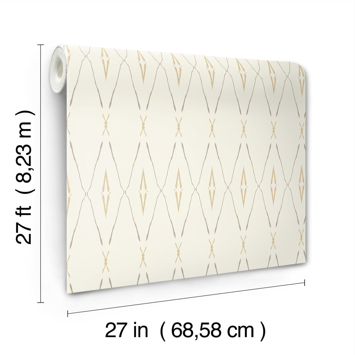 A roll of York Wallcoverings Artifact Silhouettes wallpaper featuring a repeating cream and tan geometric diamond pattern, with dimension lines indicating a height of 27 feet and a width of 27 inches.