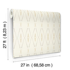 A roll of York Wallcoverings Artifact Silhouettes wallpaper featuring a repeating cream and tan geometric diamond pattern, with dimension lines indicating a height of 27 feet and a width of 27 inches.