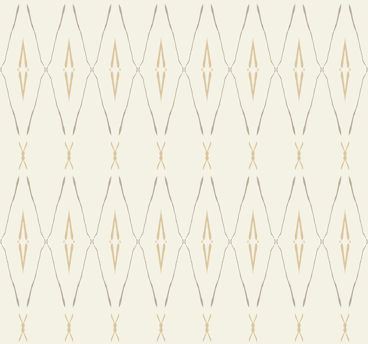 Artifact Silhouettes Wallpaper featuring a repeating geometric pattern of interlocking diamond shapes and thin vertical lines in beige and off-white.