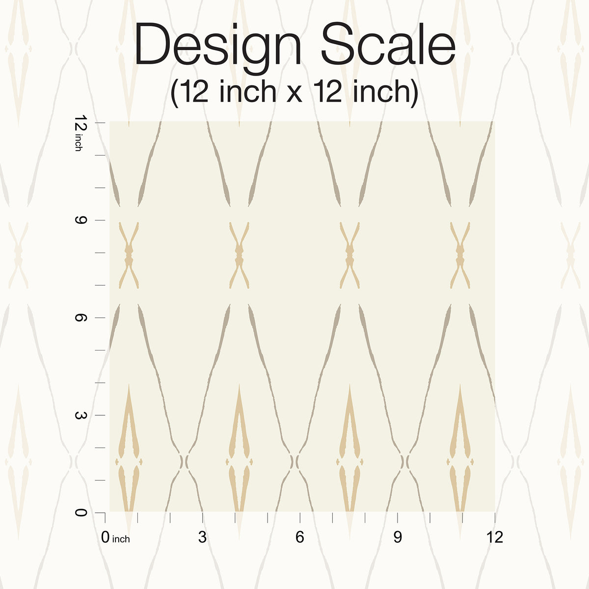Artifact Silhouettes Wallpaper featuring repeating geometric shapes in neutral tones, shown on a 12-inch by 12-inch scale grid.
