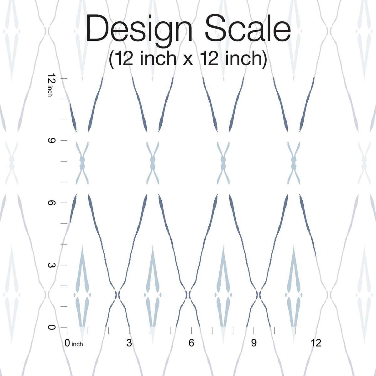 Artifact Silhouettes Wallpaper featuring a repeating pattern of blue-grey diamond-shaped silhouettes on a white background, shown against a 12-inch by 12-inch scale grid.
