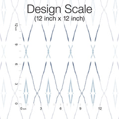 Artifact Silhouettes Wallpaper featuring a repeating pattern of blue-grey diamond-shaped silhouettes on a white background, shown against a 12-inch by 12-inch scale grid.