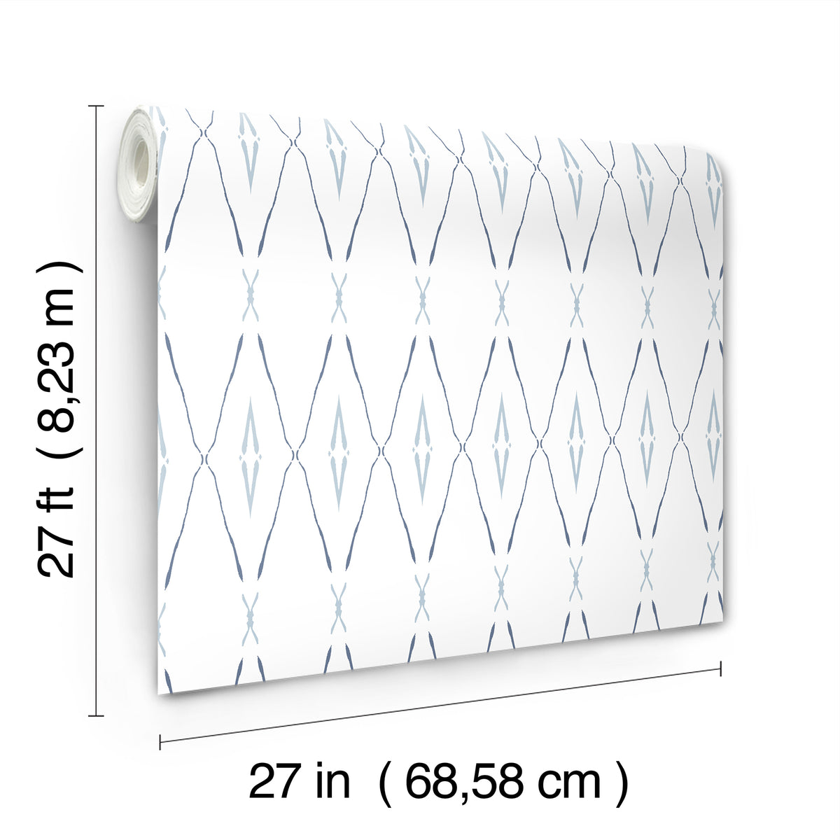 A roll of Artifact Silhouettes Wallpaper featuring a white background with a repeating blue diamond-shaped lattice pattern, shown with measurement indicators for length and width.