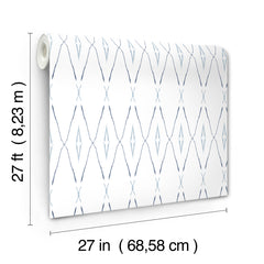 A roll of Artifact Silhouettes Wallpaper featuring a white background with a repeating blue diamond-shaped lattice pattern, shown with measurement indicators for length and width.