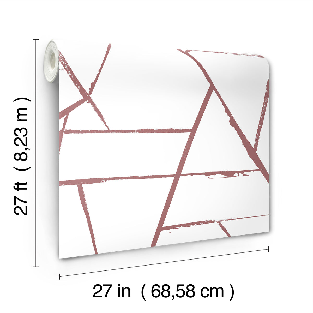 A roll of York Wallcoverings Intersect Wallpaper featuring a geometric pattern of intersecting dusty pink lines on a white background.