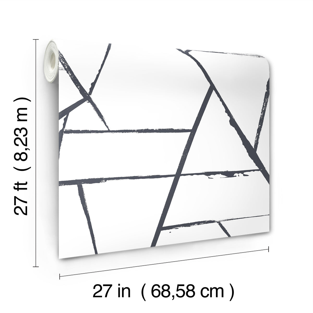 A roll of York Wallcoverings Intersect wallpaper featuring a charcoal gray abstract geometric pattern of intersecting lines on a white background, measuring 27 feet by 27 inches.
