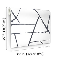 A roll of York Wallcoverings Intersect wallpaper featuring a charcoal gray abstract geometric pattern of intersecting lines on a white background, measuring 27 feet by 27 inches.