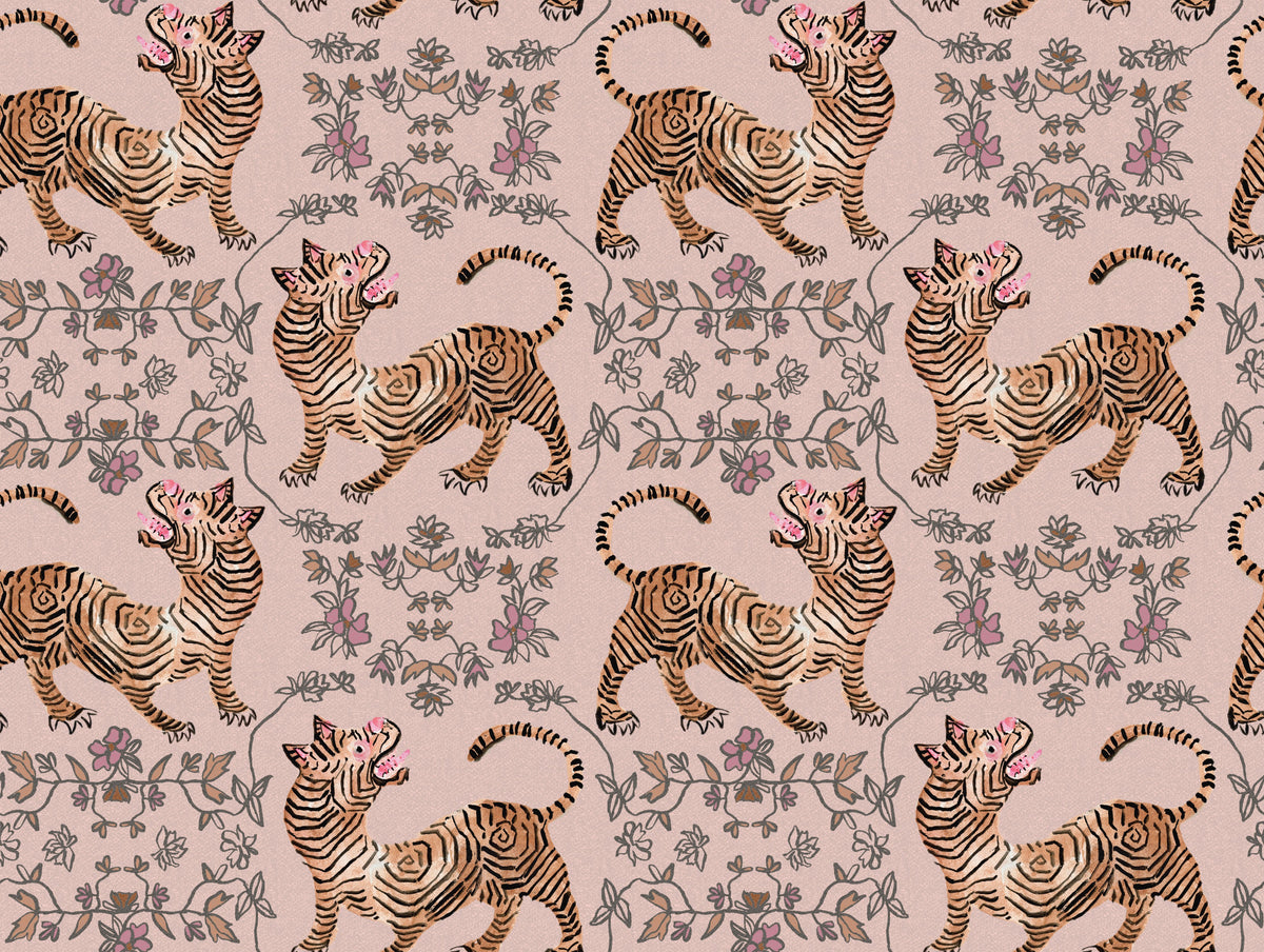 Ferrandi Wallpaper featuring a repeating pattern of stylized tigers and floral motifs on a light pink background.