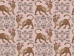 Ferrandi Wallpaper featuring a repeating pattern of stylized tigers and floral motifs on a light pink background.