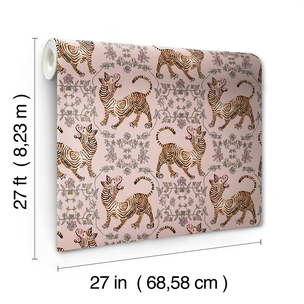 A roll of Ferrandi Wallpaper in light pink, patterned with tigers and floral motifs, measuring 27 inches by 27 feet.