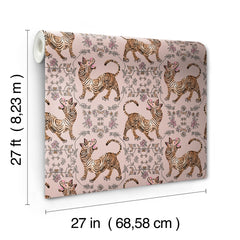 A roll of Ferrandi Wallpaper in light pink, patterned with tigers and floral motifs, measuring 27 inches by 27 feet.