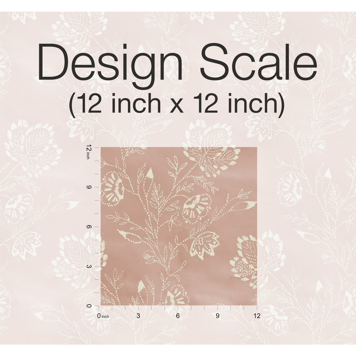 A square sample of Barbier Wallpaper showing a floral pattern with scale on a 12-inch grid over a faded background version of the same design.