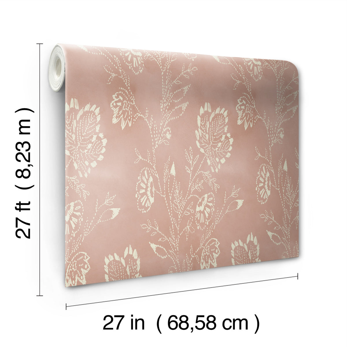 A roll of Barbier Wallpaper featuring a pink background with a white floral pattern and dashed-line details, measuring 27 feet in length and 27 inches in width.