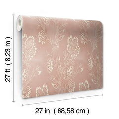 A roll of Barbier Wallpaper featuring a pink background with a white floral pattern and dashed-line details, measuring 27 feet in length and 27 inches in width.