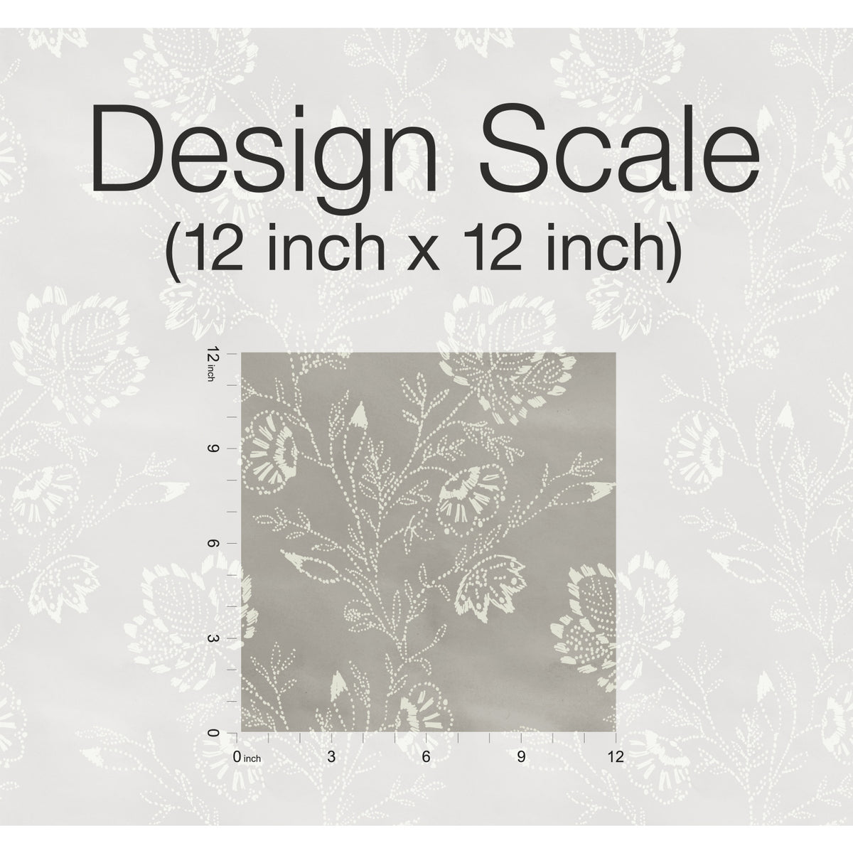Barbier Wallpaper featuring white floral and vine outlines on a gray background, shown in a 12-inch by 12-inch scale square.