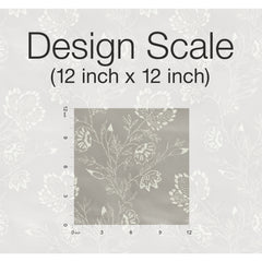 Barbier Wallpaper featuring white floral and vine outlines on a gray background, shown in a 12-inch by 12-inch scale square.
