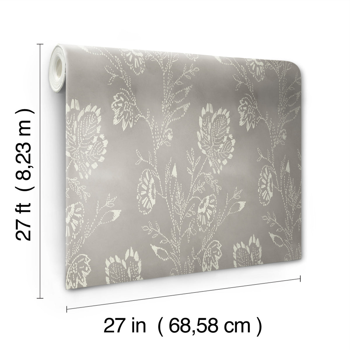 A roll of gray Barbier Wallpaper by York Wallcoverings with a white floral pattern, featuring dimension labels for 27 feet in length and 27 inches in width.