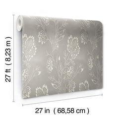 A roll of gray Barbier Wallpaper by York Wallcoverings with a white floral pattern, featuring dimension labels for 27 feet in length and 27 inches in width.