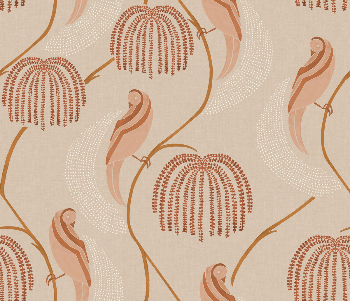 Blaise Wallpaper featuring a pattern of stylized parrots perched on curved branches among weeping willow-style trees in shades of terracotta and cream.