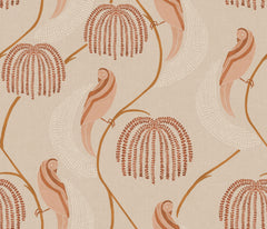 Blaise Wallpaper featuring a pattern of stylized parrots perched on curved branches among weeping willow-style trees in shades of terracotta and cream.
