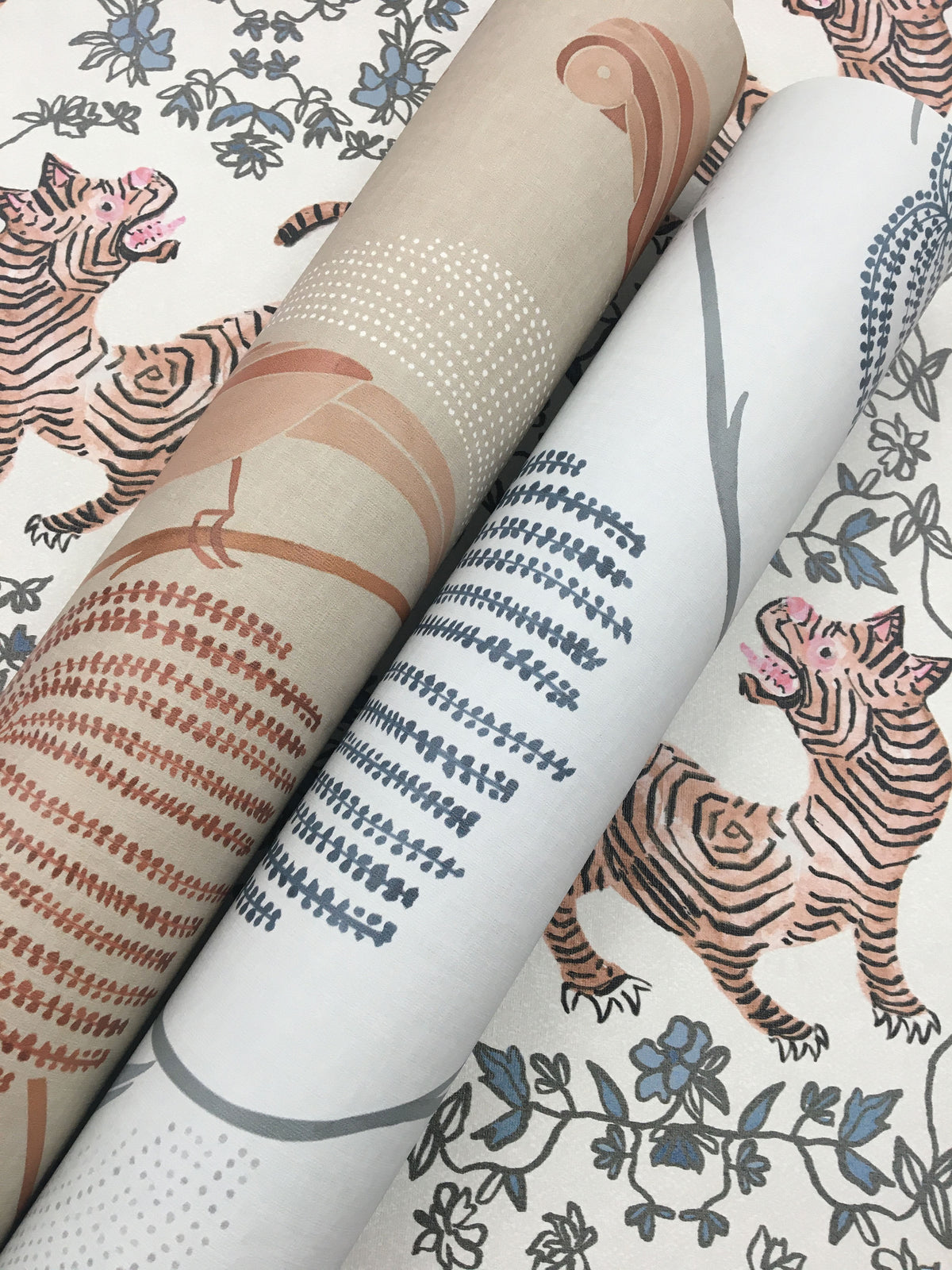 Two rolls of Blaise Wallpaper featuring illustrations of tigers among leaves and botanical patterns.
