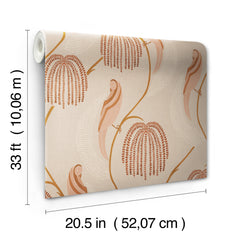 Blaise Wallpaper roll featuring a pattern of stylized birds and willow-like trees in shades of orange and tan, with dimension lines indicating a length of 33 feet and a width of 20.5 inches.