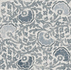 Fontaine Wallpaper featuring a repeating pattern of stylized blue flowers and leafy vines on a distressed cream background.