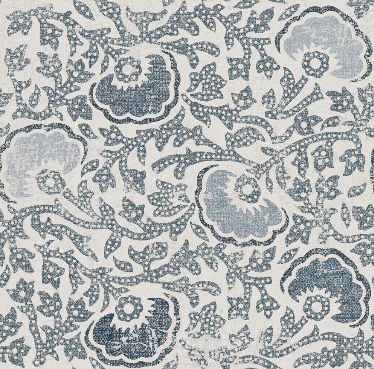 Fontaine Wallpaper featuring a repeating pattern of stylized blue flowers and leafy vines on a distressed cream background.