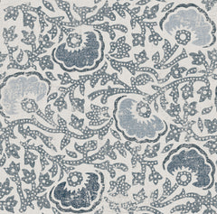 Fontaine Wallpaper featuring a repeating pattern of stylized blue flowers and leafy vines on a distressed cream background.