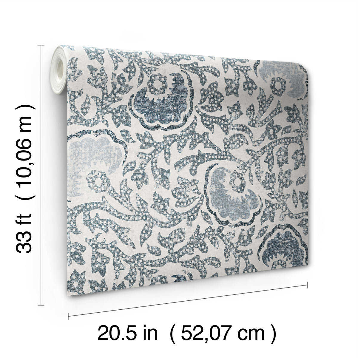 A roll of Fontaine Wallpaper featuring a blue and white floral damask pattern, with labels indicating dimensions of 33 feet in length and 20.5 inches in width.